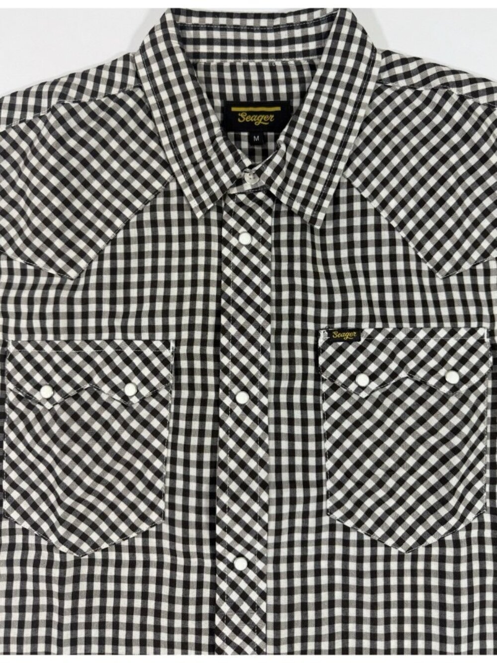 Seager Mens Pearl Snap Shirt Sz Medium Viscose Blend Black Plaid Check Western